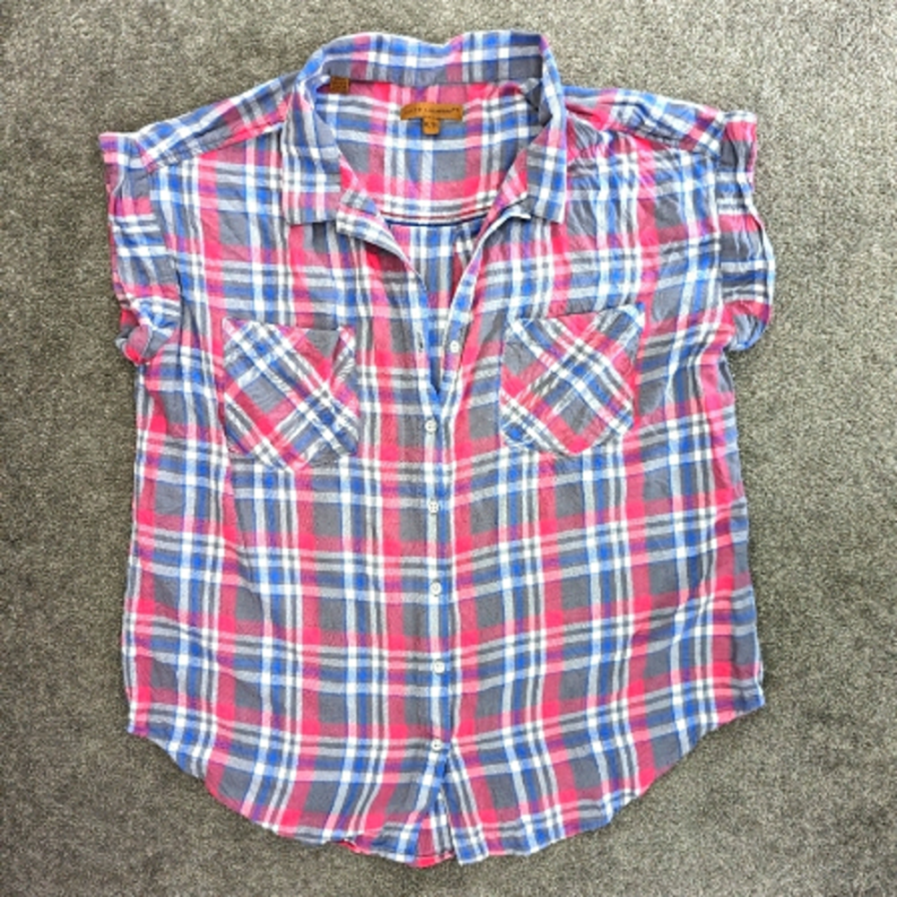 JACHS Girlfriend plaid top pink blue button down rolled cuffed sleeveless XLarge
